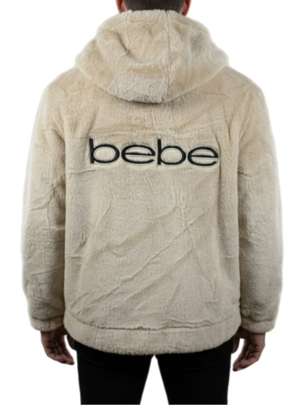 BEBE | Black and Cream Teddy Jacket with Plush Hood and Zip Closure